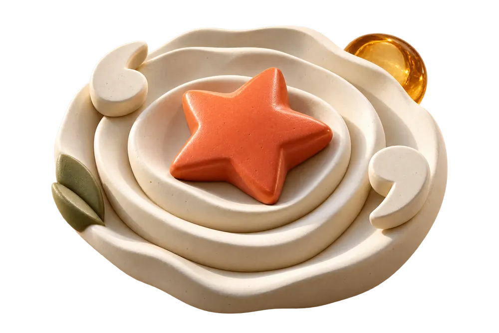 A terracotta star resting in cream rings that spread outward, with two quotation marks along the edge.
